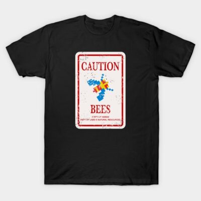Black t-shirt with "Caution Bees" graphic, vintage style, casual wear, cotton material.