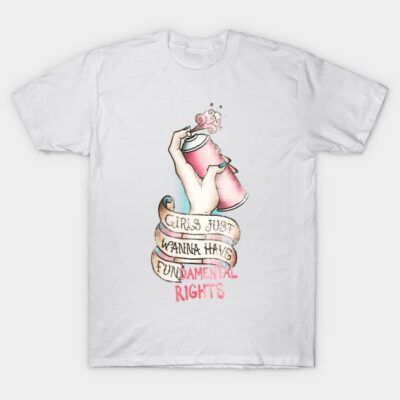 White t-shirt with feminist graphic design, featuring hand with spray can and empowering slogan, cotton material.