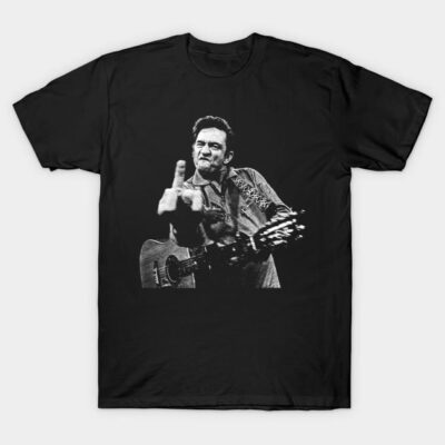 Black graphic tee with vintage guitar design, bold style, perfect for casual wear or music enthusiasts, cotton material.