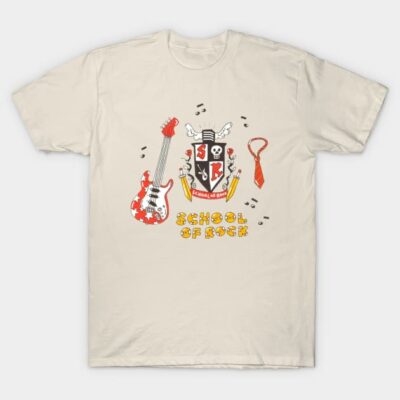 Beige "School of Rock" graphic t-shirt, featuring guitar and music notes, casual cotton wear for music enthusiasts.