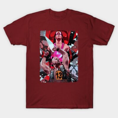 Burgundy graphic t-shirt featuring bold wrestling design, casual style, cotton material, perfect for fans and collectors.
