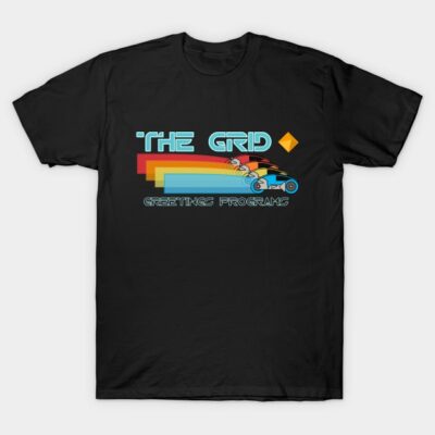 Black graphic t-shirt with retro design featuring colorful stripes and abstract shapes, ideal for casual wear.