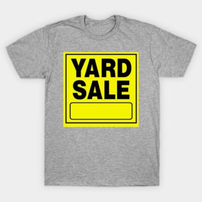Gray T-shirt with bold yellow "Yard Sale" graphic, casual style, cotton fabric, ideal for everyday wear.