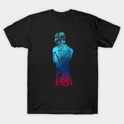 Black t-shirt with futuristic robot design in blue and red, ideal for sci-fi enthusiasts, 100% cotton.