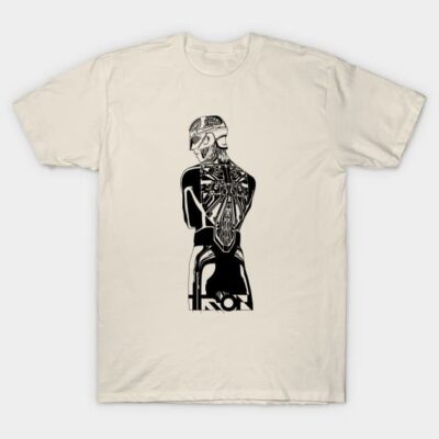 Cream T-shirt featuring a black abstract robot design, perfect for casual wear, made from soft, breathable cotton.