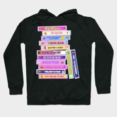 Black hoodie with colorful cassette tape design, retro music theme, casual wear, cotton material.