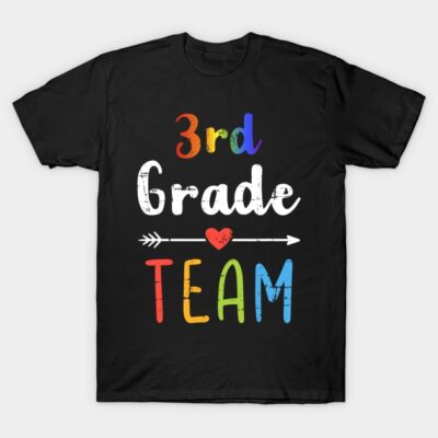 Black "3rd Grade Team" t-shirt with colorful text and arrow design, perfect for teachers or school events.