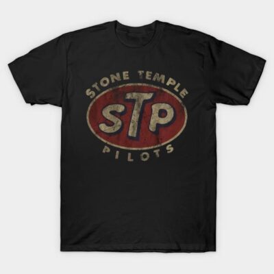Black vintage-style t-shirt with "Stone Temple Pilots" logo, casual wear, soft cotton material.