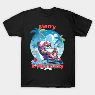 Black "Merry X-Mas in July" T-shirt with tropical Santa design, casual holiday wear, cotton material.