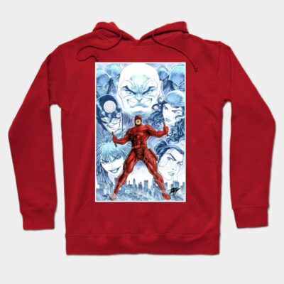 Red graphic hoodie featuring a superhero design, cotton material, casual wear, ideal for comic book fans.