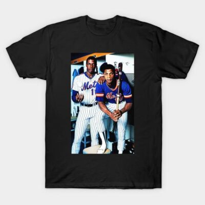 Black t-shirt featuring vintage baseball players graphic, Mets uniform design, casual cotton material, unisex style.