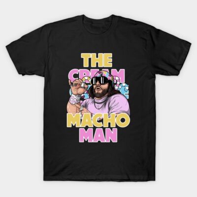 Black "The Cream Macho Man" graphic t-shirt, featuring colorful retro design, perfect for casual wear.