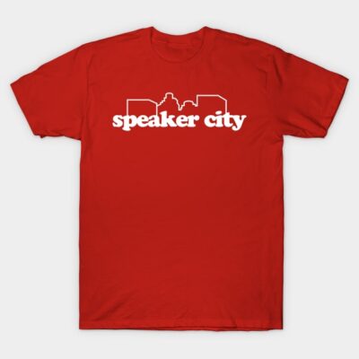 Red "Speaker City" graphic T-shirt, casual style, short-sleeve, cotton material, ideal for everyday wear.