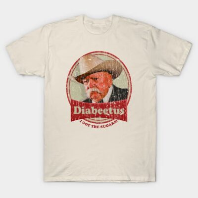 Beige vintage-style t-shirt with humorous text and graphic design, perfect for casual wear.