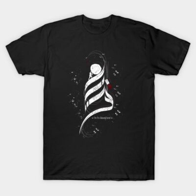 Black cotton t-shirt with artistic white and red abstract design, casual streetwear style, suitable for daily wear.