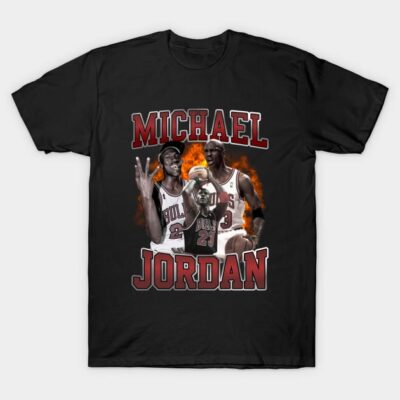 Black graphic t-shirt featuring basketball-themed design with bold red text, ideal for sports fans and casual wear.