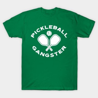Green "Pickleball Gangster" T-shirt with paddles design, casual style, ideal for sports or leisure activities.