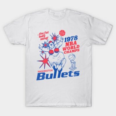 White vintage t-shirt featuring 1978 NBA champs Washington Bullets design in red and blue, casual cotton wear.