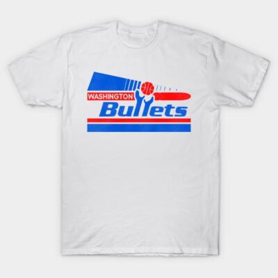 White cotton t-shirt with retro Washington Bullets logo in red and blue, casual style, unisex design.