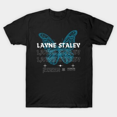 Black t-shirt with blue butterfly and bold white text design, casual wear, cotton material.
