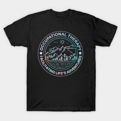 Black t-shirt with "Occupational Therapy" mountain and trees graphic, suitable for casual wear or outdoor activities.