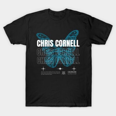 Black t-shirt with blue butterfly graphic and bold white text, casual wear, 100% cotton, unisex design.