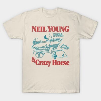 Cream graphic T-shirt with red and blue desert illustration, perfect for casual wear.