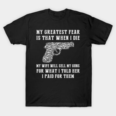 Black novelty t-shirt with humorous white text and gun illustration, ideal for casual wear and gifting.