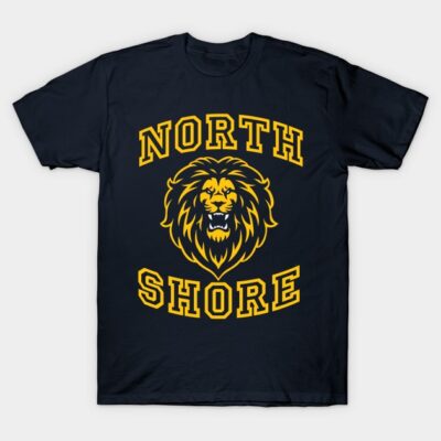 Navy blue t-shirt with bold yellow "North Shore" text and lion graphic, casual wear, cotton material.