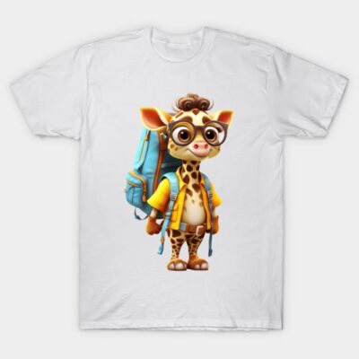 White t-shirt featuring cartoon giraffe with backpack design, perfect for casual wear, 100% cotton.