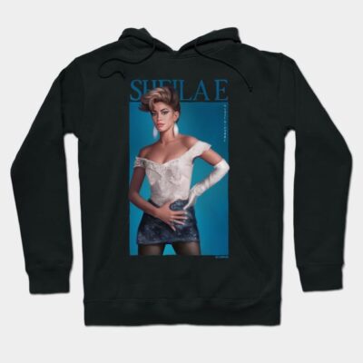 Black hoodie with vintage fashion magazine cover print, featuring off-shoulder lace top and denim skirt design.