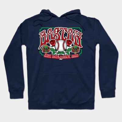 Navy blue hoodie with Boston baseball graphic, red roses, and bold lettering, ideal for sports fans.
