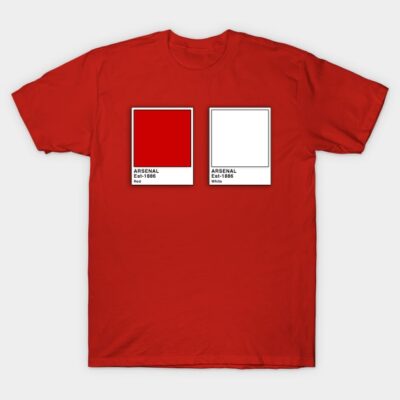 Red graphic t-shirt featuring Arsenal-themed design with color swatches, casual style, cotton material. Perfect for fans.