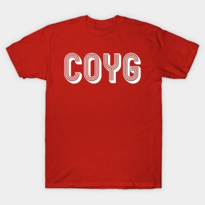 Red "COYG" graphic t-shirt, casual style, 100% cotton, perfect for sports fans and everyday wear.