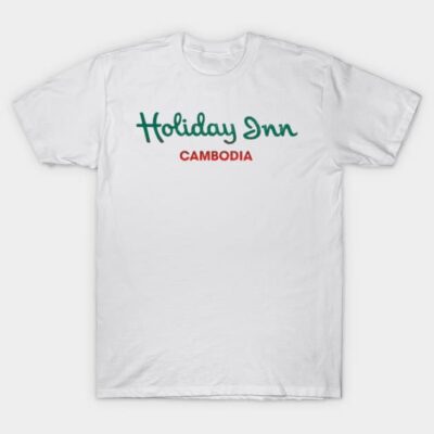 White cotton T-shirt with "Holiday Inn Cambodia" text in green and red, casual style, perfect for everyday wear.
