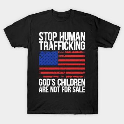 Black t-shirt with American flag design and "Stop Human Trafficking" message, made of cotton, casual wear.