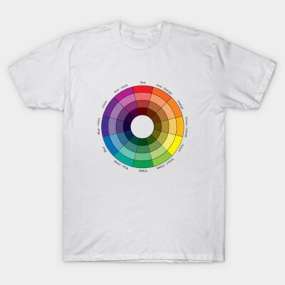 White cotton t-shirt with color wheel design, ideal for artists and designers, casual style, unisex fit.