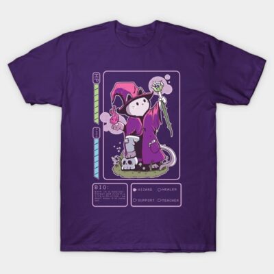 Purple wizard cat graphic t-shirt, unisex, casual style, ideal for fantasy lovers, 100% cotton material.