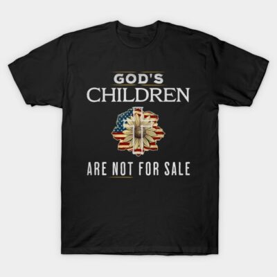 Black cotton t-shirt with "God's Children Are Not For Sale" text and patriotic graphic design, casual wear.