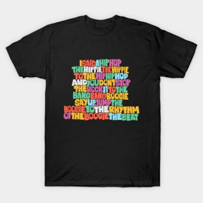 Black T-shirt with colorful retro text design, cotton material, casual style, hip hop theme.