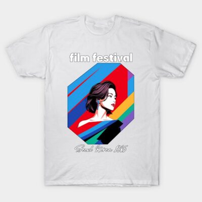 White t-shirt with colorful film festival graphic design, featuring geometric patterns, ideal for casual wear.