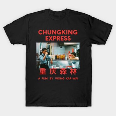 Black "Chungking Express" T-shirt featuring a film scene, red text, cotton material, casual style, unisex design.