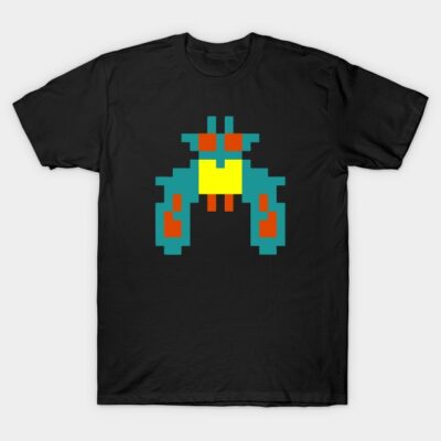 Black T-shirt with retro pixel art design, featuring vibrant teal, red, and yellow graphics, made of 100% cotton.