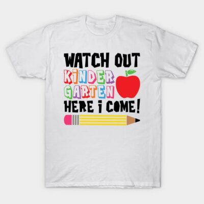 White t-shirt with colorful "Watch Out Kindergarten Here I Come" print, featuring apple and pencil graphics.