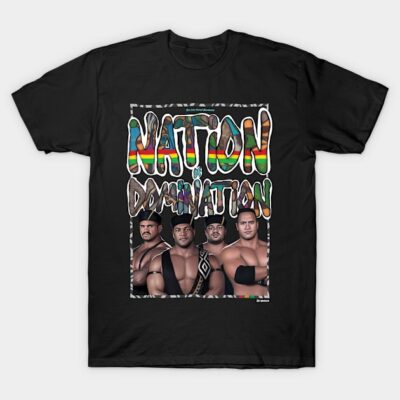 Black t-shirt featuring colorful "Nation of Domination" graphic, ideal for casual wear and fans of retro designs.
