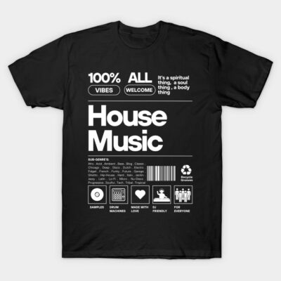 Black house music t-shirt with white text design, 100% cotton, casual unisex style, perfect for music enthusiasts.