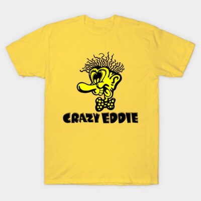Yellow graphic t-shirt featuring bold cartoon character and "Crazy Eddie" text, perfect for casual wear.