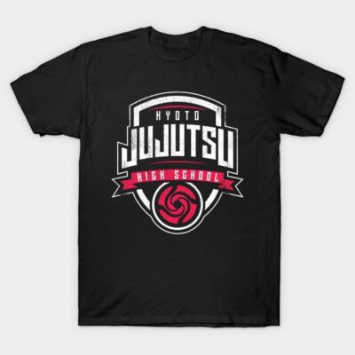 Black t-shirt with Kyoto Jujutsu High School logo, red and white design, casual style, cotton material.