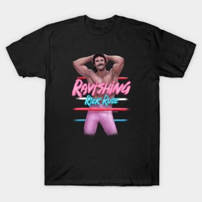 Black t-shirt with retro graphic design, featuring bold pink and blue text and a colorful illustration.