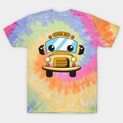 Tie-dye t-shirt with colorful school bus graphic, casual style, cotton material, vibrant design for everyday wear.